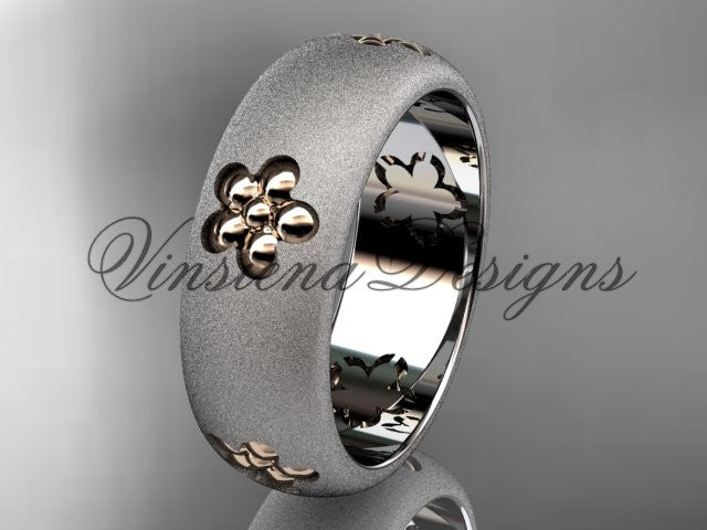 14kt platinum matte finish, floral, two tone engagement ring, wedding band VF301023G - Vinsiena Designs