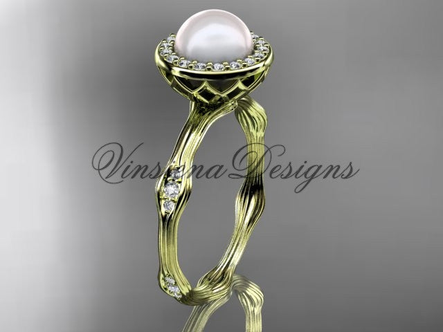 14k yellow gold pearl, diamond, halo engagement ring VFP301011 - Vinsiena Designs