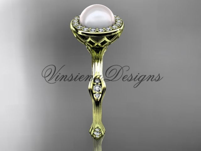 14k yellow gold pearl, diamond, halo engagement ring VFP301011 - Vinsiena Designs