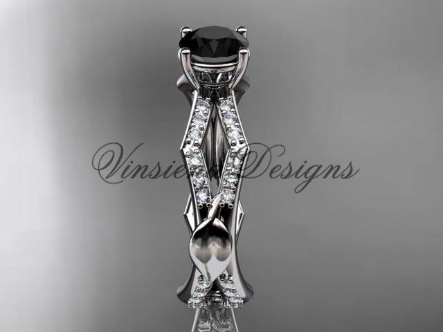 Platinum diamond leaf and vine, engagement ring, Enhanced Black Diamond ADLR353