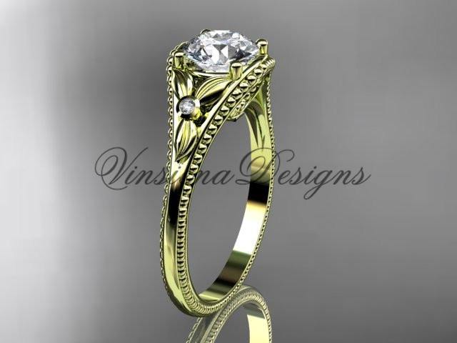 14k yellow gold leaf and flower diamond unique engagement ring ADLR377 - Vinsiena Designs