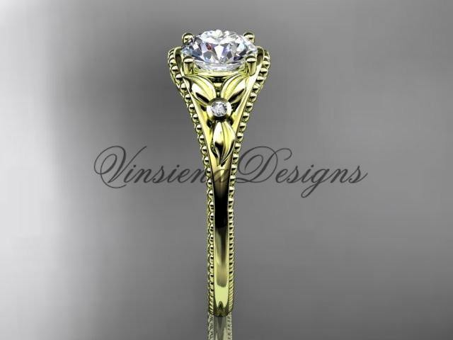 14k yellow gold leaf and flower diamond unique engagement ring ADLR377 - Vinsiena Designs